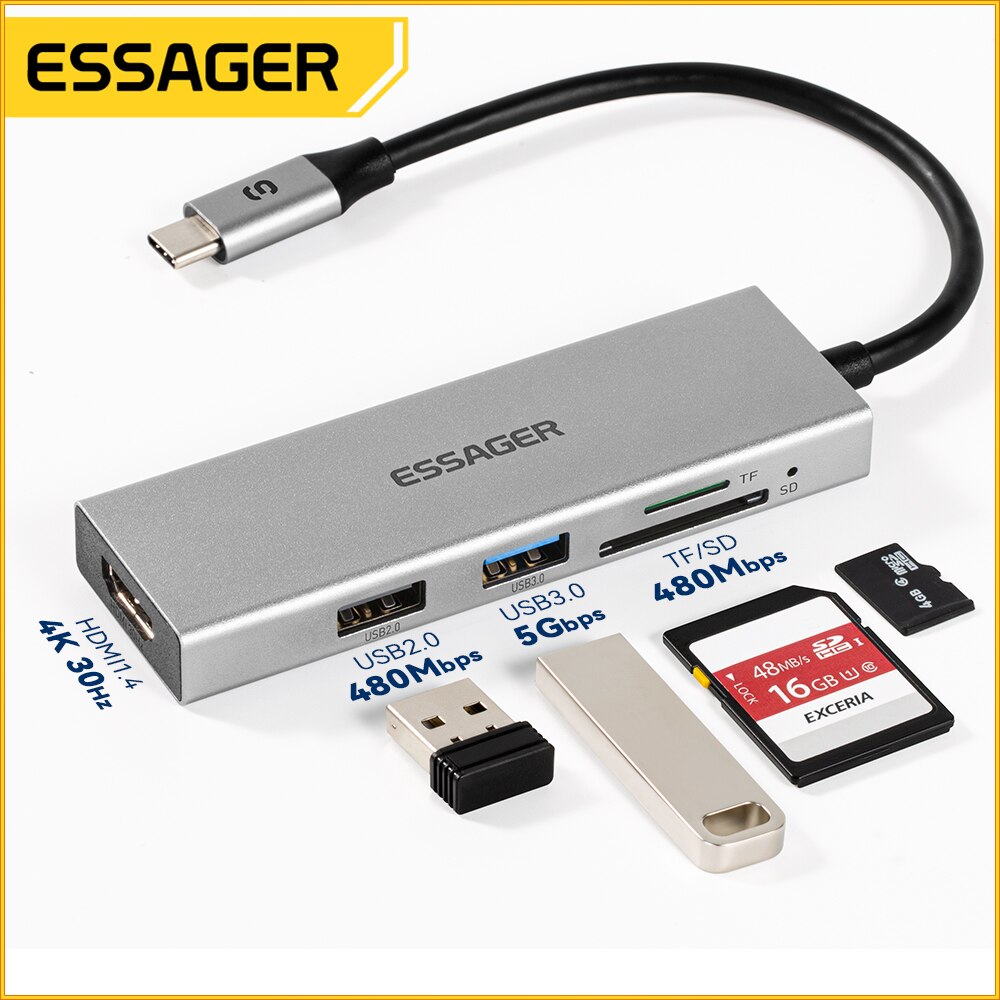 Essager 5 em 1 USB C HUB HDMI- - Desk Setup Usb Hub avaliação e preço