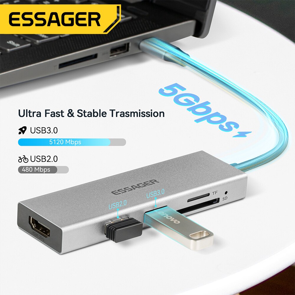Essager 5 em 1 USB C HUB HDMI- - Desk Setup Usb Hub avaliação e preço
